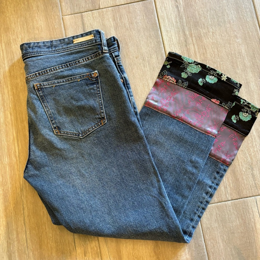 Pilcro and the Letterpress Blue Boyfriend Jeans with Floral Cuffs